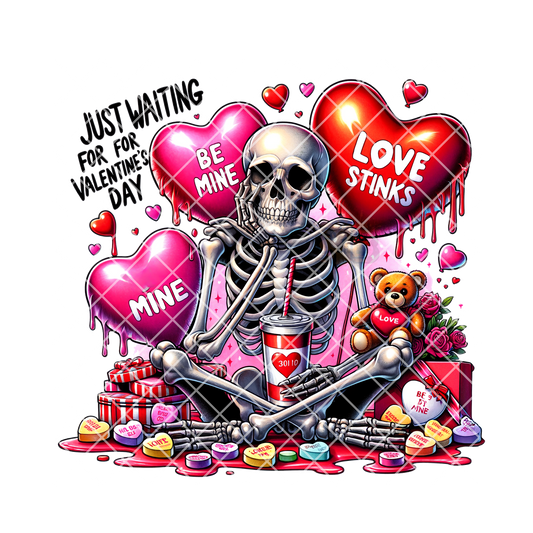 Valentines skeleton waiting heart balloons PNG