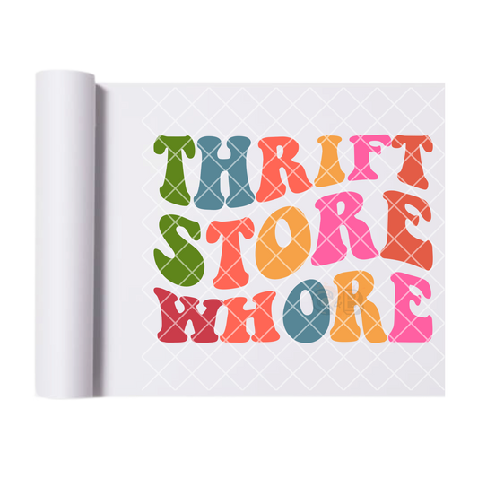 Thrift store lady DTF film t shirt transfer