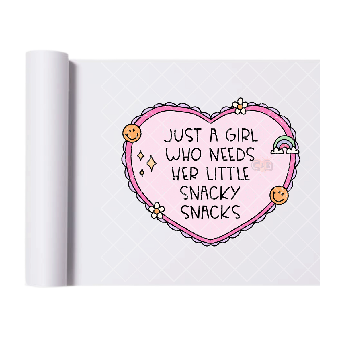 Just a Girl Who Needs Her Snacks - Direct Transfer Print, Ready To Press For T-Shirts, Cotton, Polyester & Blends - Tshirt Business Quality