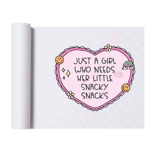 Just a Girl Who Needs Her Snacks - Direct Transfer Print, Ready To Press For T-Shirts, Cotton, Polyester & Blends - Tshirt Business Quality