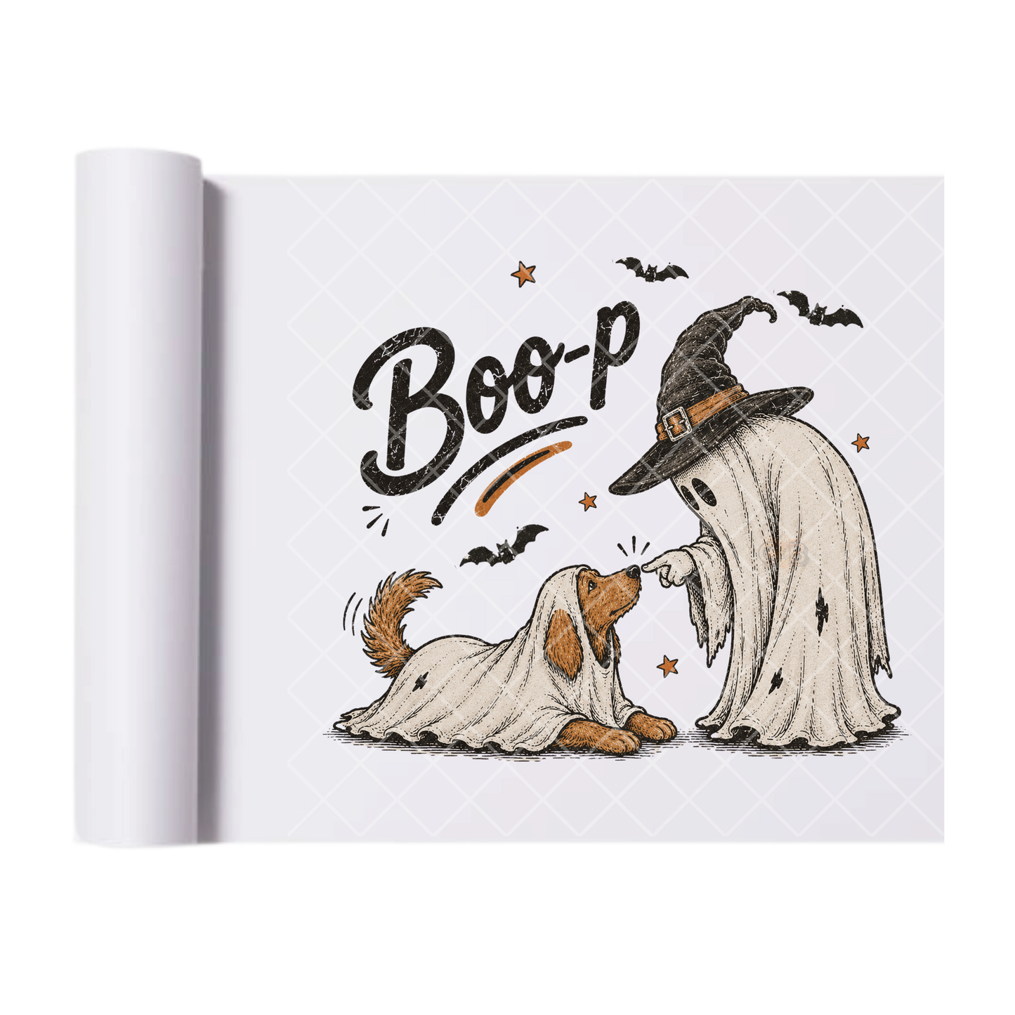 Boo-P Dog and Ghost - Ready To Press Print Transfer for Apparel, Cotton, Polyester & Blends - High-Quality Print- Commercial Grade