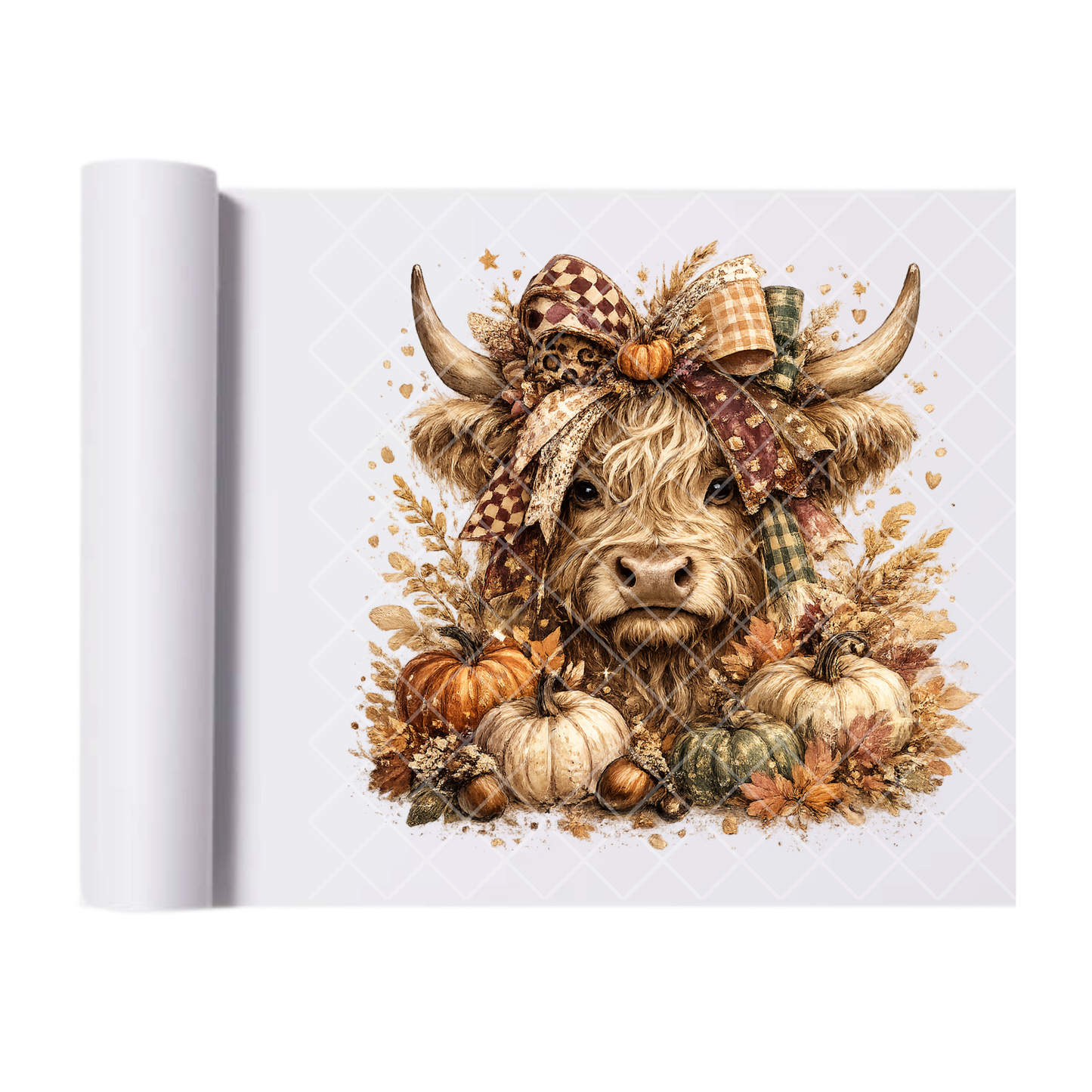 Fancy Highland Cow with Pumpkins - Direct Transfer Print, Ready To Press For T-Shirts, Cotton, Polyester & Blends - Tshirt Business Quality