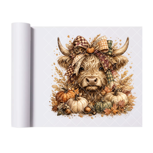 Fancy Highland Cow with Pumpkins - Direct Transfer Print, Ready To Press For T-Shirts, Cotton, Polyester & Blends - Tshirt Business Quality