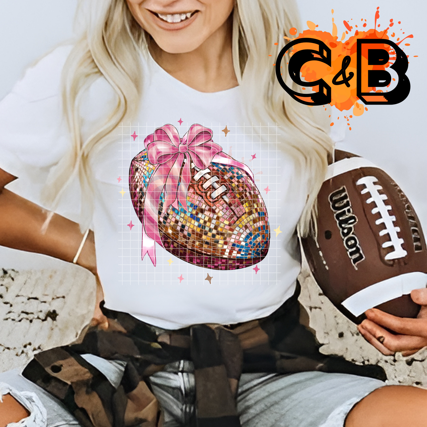 Disco Ball Bow Football T-Shirt