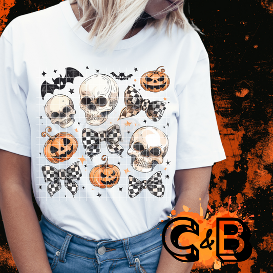 Halloween Skulls Bows Pumpkins & Bats T-Shirt